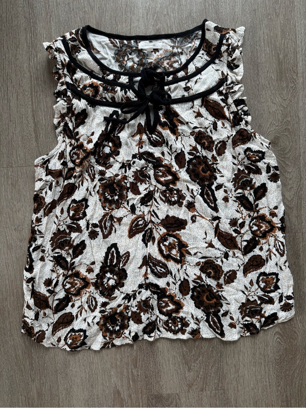 Maurices Bohemian Floral Tank Top Brown Black Cream Tie Front Ruffle Size XL